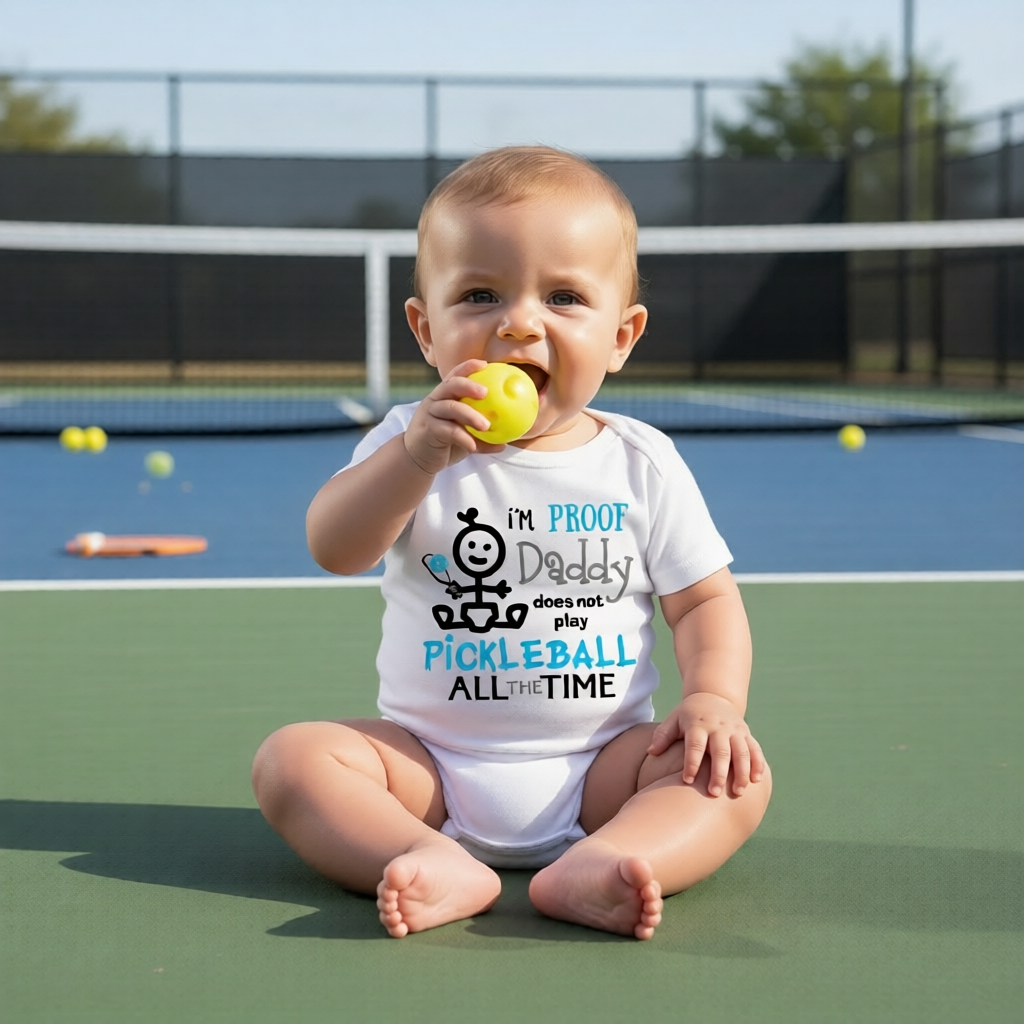 A baby sitting on a pickleball court wearing a white graphic t-shirt that reads 'I'M PROOF Daddy does not play PICKLEBALL ALL THE TIME' with a cartoon character. 