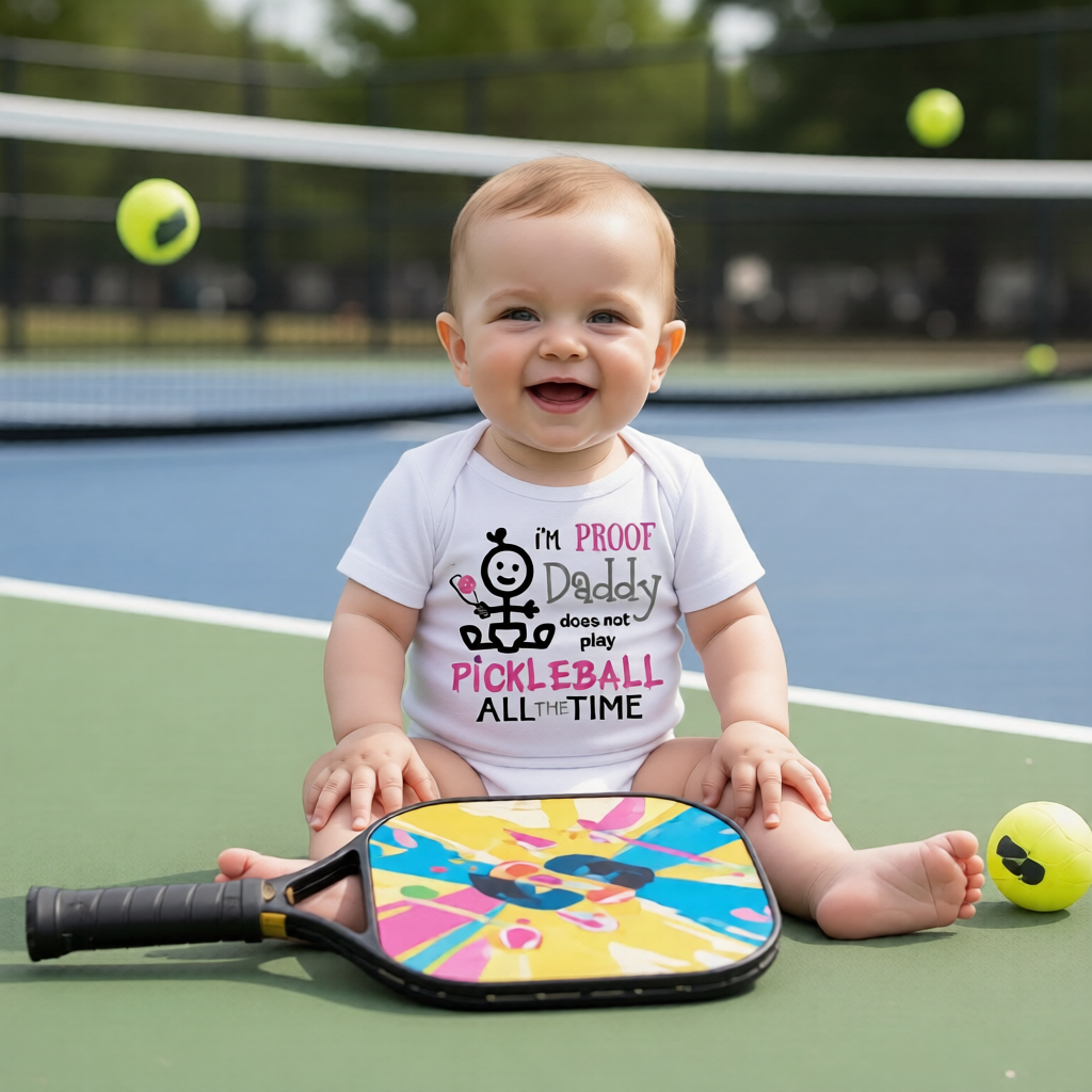 A baby sitting on a pickleball court wearing a white graphic t-shirt that reads 'I'M PROOF Daddy does not play PICKLEBALL ALL THE TIME' with a cartoon character. 