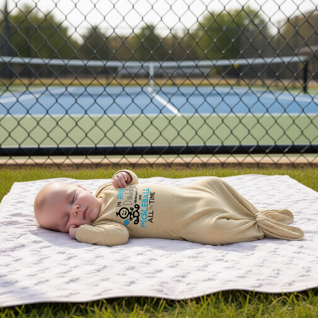 A baby wearing a beige long-sleeve knotted infant gown, with a graphic print that reads 'I'M PROOF Daddy Does not play PICKLEBALL ALL TIME' with a pickleball icon.