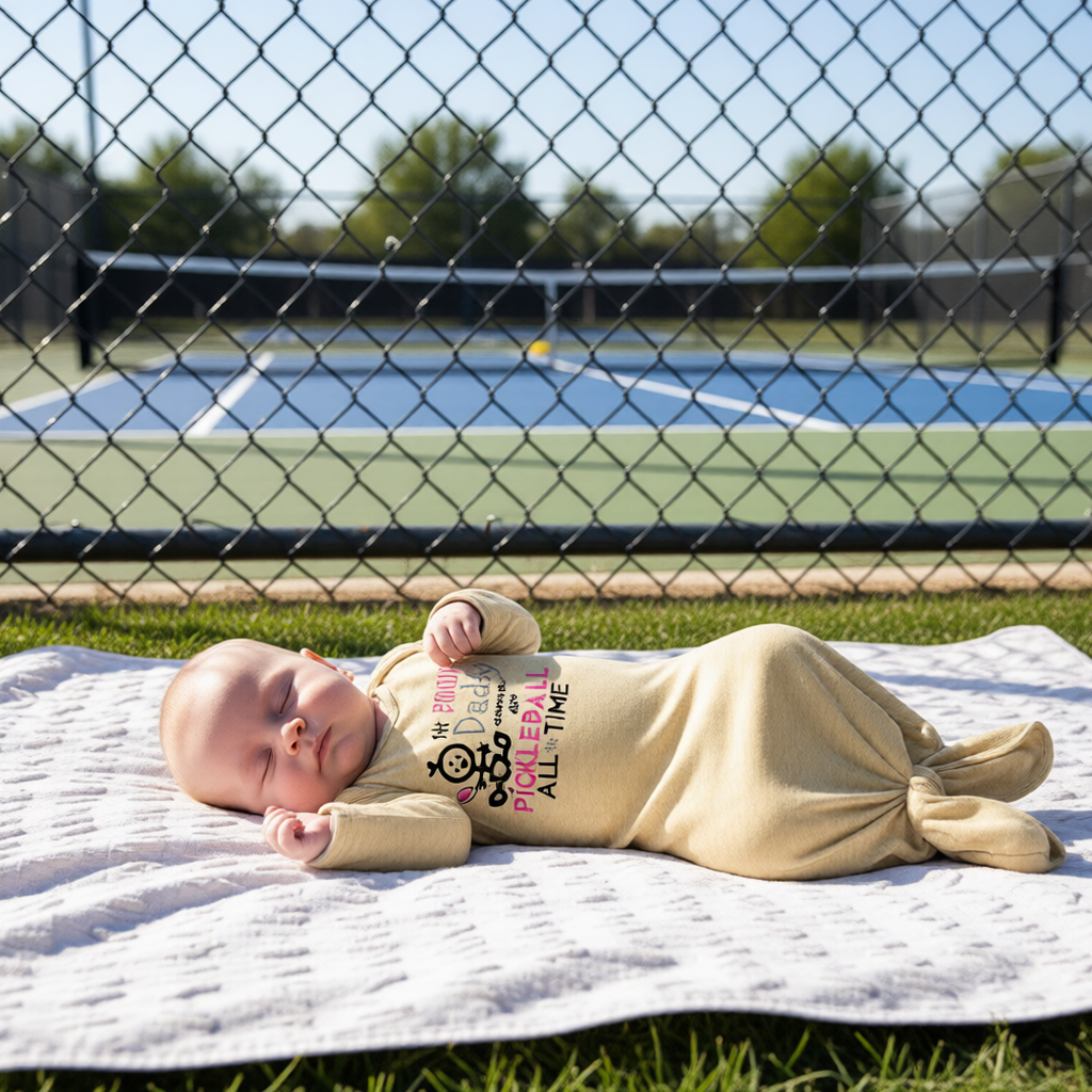 A baby wearing a beige long-sleeve knotted infant gown, with a graphic print that reads 'I'M PROOF Daddy Does not play PICKLEBALL ALL TIME' with a pickleball icon.
