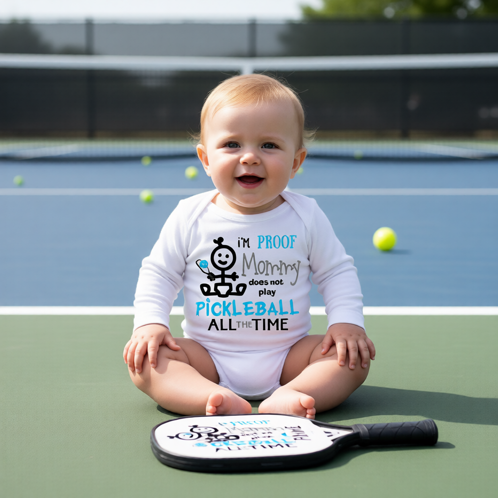 A smiling baby sits on a blue pickleball court wearing a white long-sleeve bodysuit with a colorful graphic that reads 'I'm PROOF Mommy does not play PICKLEBALL ALL THE TIME'.