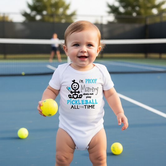 A baby standing on a blue pickleball court holding a yellow tennis ball, wearing a white bodysuit with a graphic that reads 'I'M PROOF Mommy does not play PICKLEBALL ALL TIME' with a pickleball player illustration.