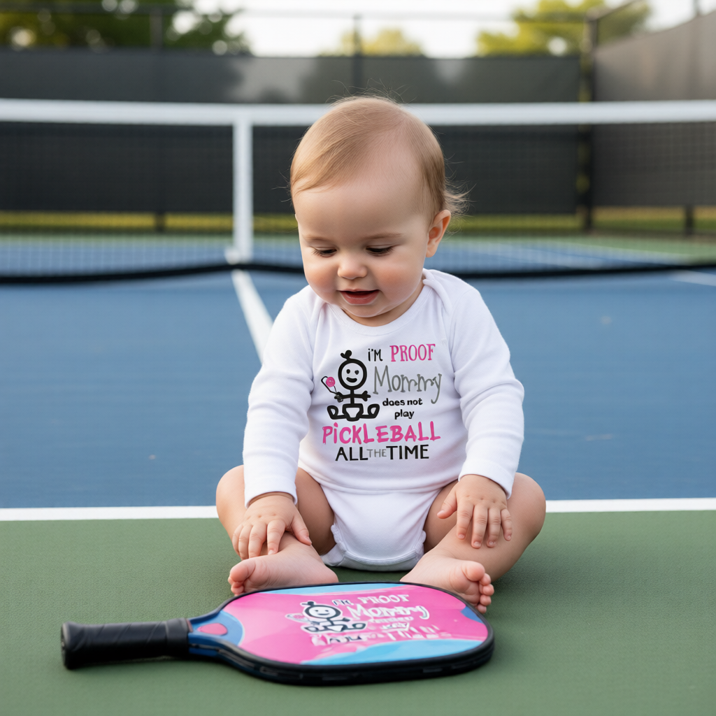A smiling baby sits on a blue pickleball court wearing a white long-sleeve bodysuit with a colorful graphic that reads 'I'm PROOF Mommy does not play PICKLEBALL ALL THE TIME'.