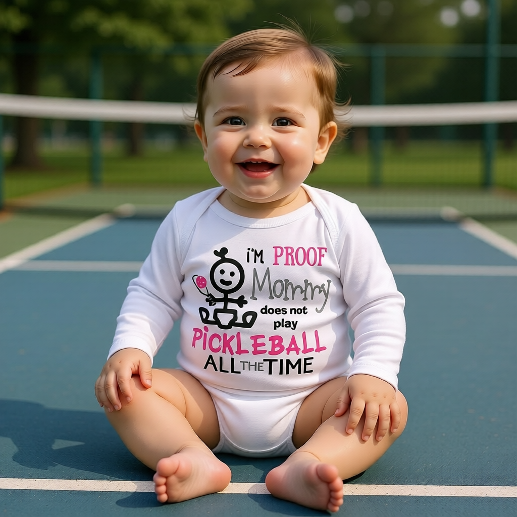 A smiling baby sits on a blue pickleball court wearing a white long-sleeve bodysuit with a colorful graphic that reads 'I'm PROOF Mommy does not play PICKLEBALL ALL THE TIME'.