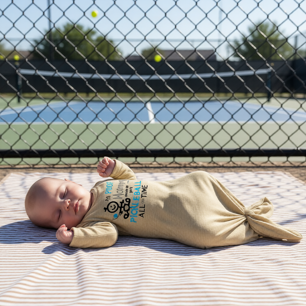 A baby wearing a beige long-sleeve knotted infant gown, with a graphic print that reads 'I'M PROOF Mommy Does not play PICKLEBALL ALL TIME' with a pickleball icon.