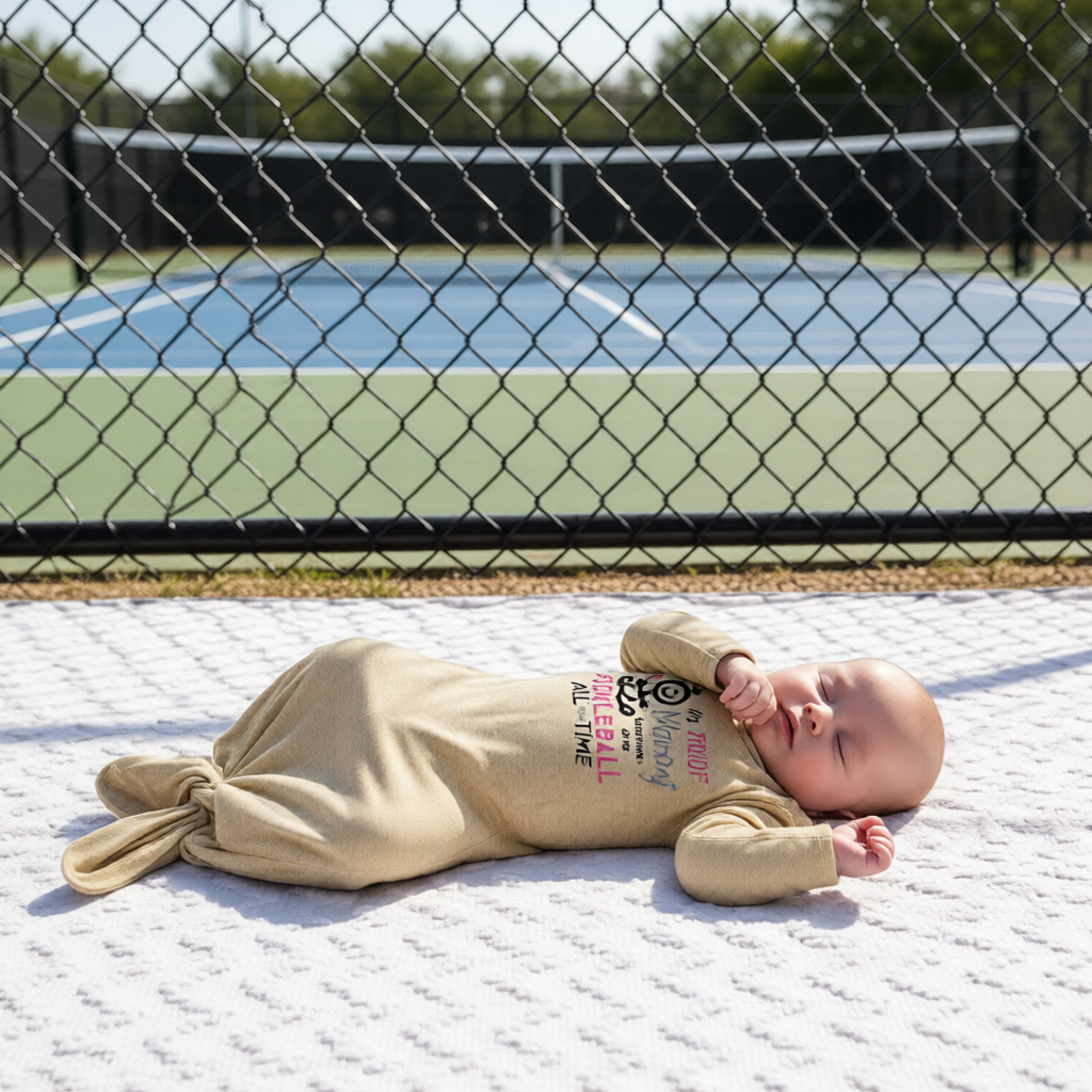 A baby wearing a beige long-sleeve knotted infant gown, with a graphic print that reads 'I'M PROOF Mommy Does not play PICKLEBALL ALL TIME' with a pickleball icon.
