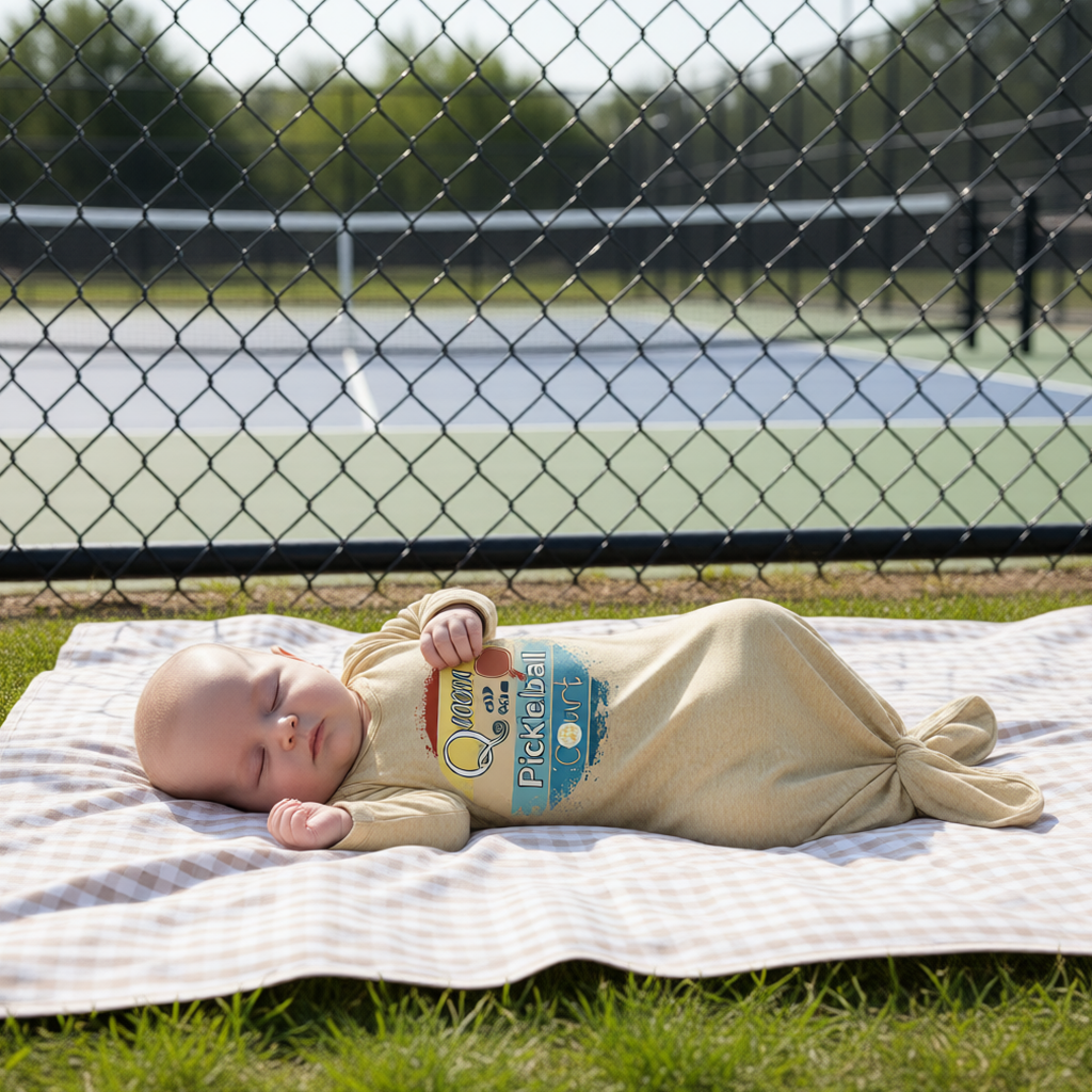 A baby sleeping outdoors on a striped blanket on grass, wearing a beige footless onesie with a colorful 'Queen of hte Pickleball Court' graphic. A chain-link fence and pickleball court are visible in the background.