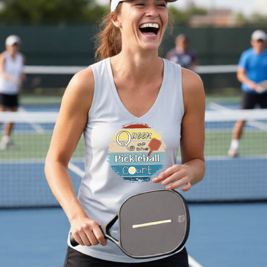 A woman on a pickleball court wearing a light silver gray tank top with a colorful graphic that reads 'Queen of the Pickleball Court' in a retro sunset illustration.