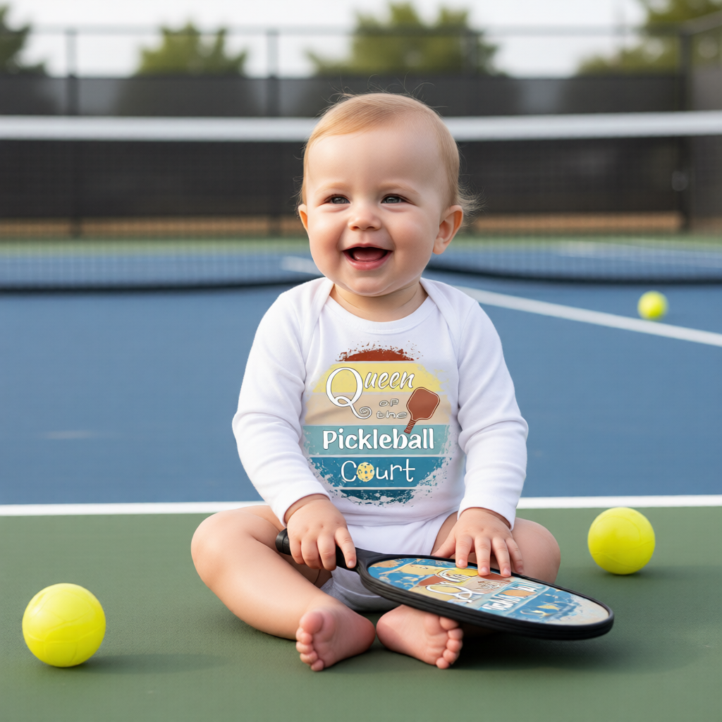 A smiling baby sits on a pickleball court wearing a white long-sleeve shirt with a colorful 'Queen of the Pickleball Court' graphic on the chest, holding a paddle, with yellow tennis balls around them.