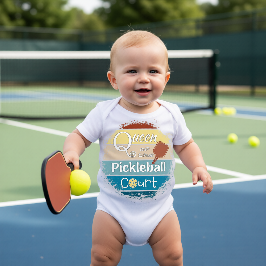 A baby standing on a pickleball court wearing a white bodysuit with a colorful 'Queen of the Court Pickleball' graphic, holding a paddle and a yellow tennis ball.