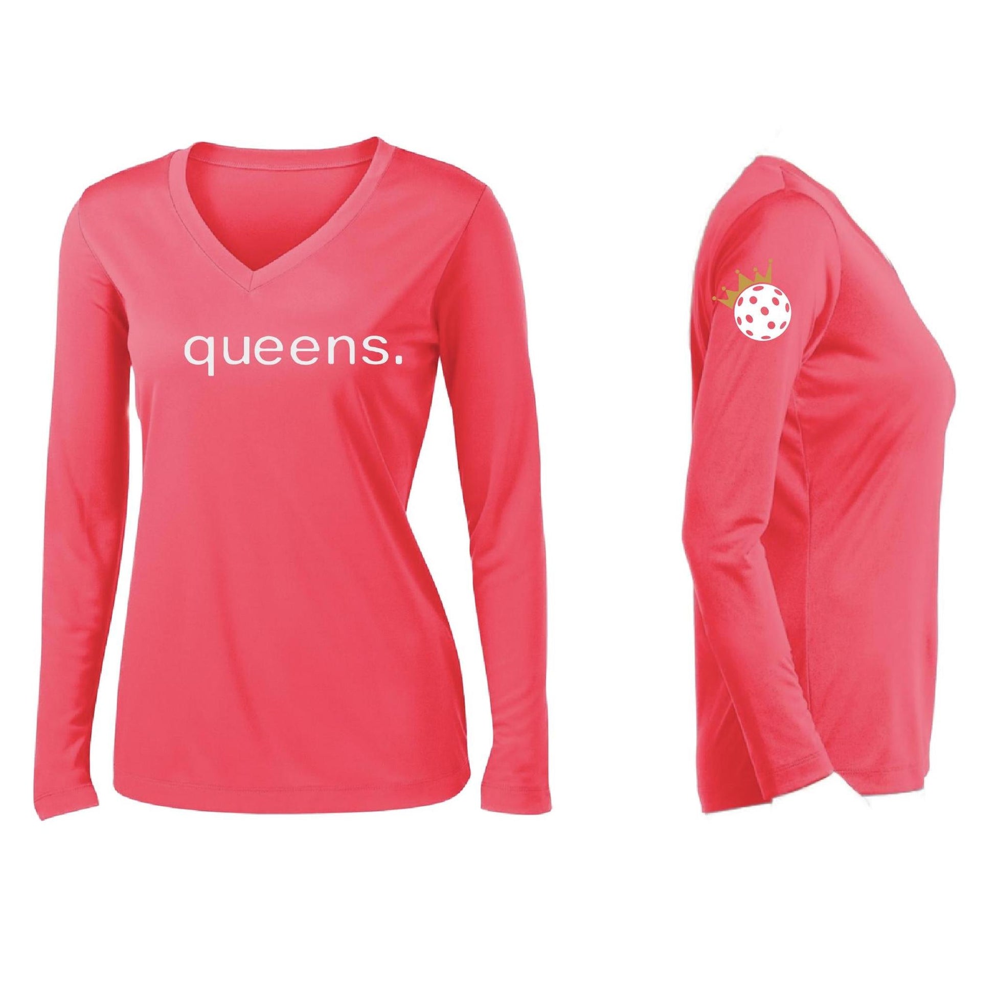 Pickleball Queens and Crown | Women’s Long Sleeve V-Neck Pickleball Performance T-Shirt | 100% Polyester