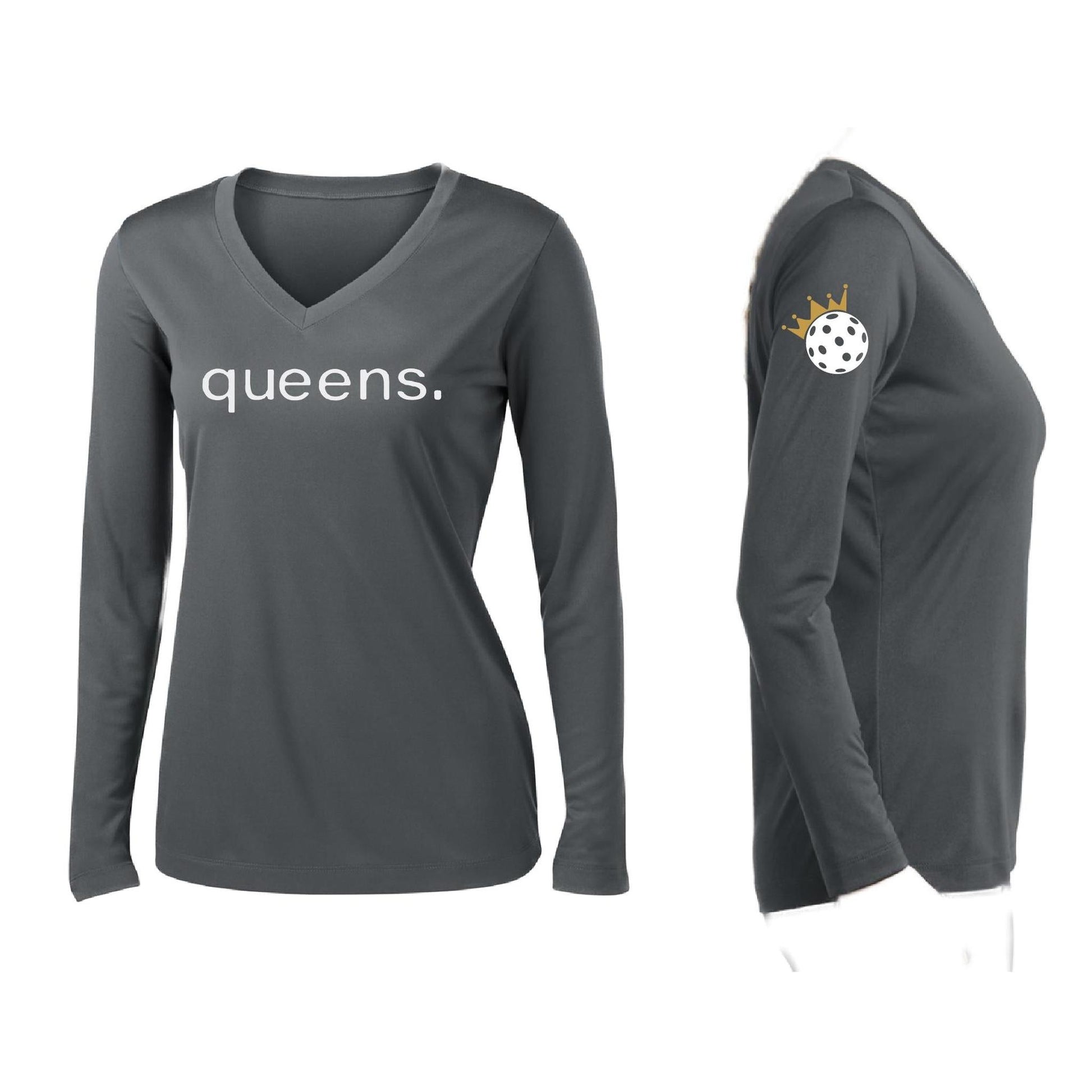 Pickleball Queens and Crown | Women’s Long Sleeve V-Neck Pickleball Performance T-Shirt | 100% Polyester