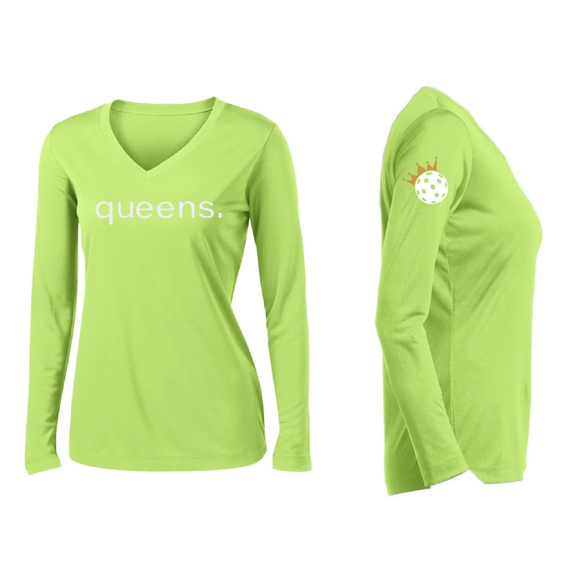 Pickleball Queens and Crown | Women’s Long Sleeve V-Neck Pickleball Performance T-Shirt | 100% Polyester