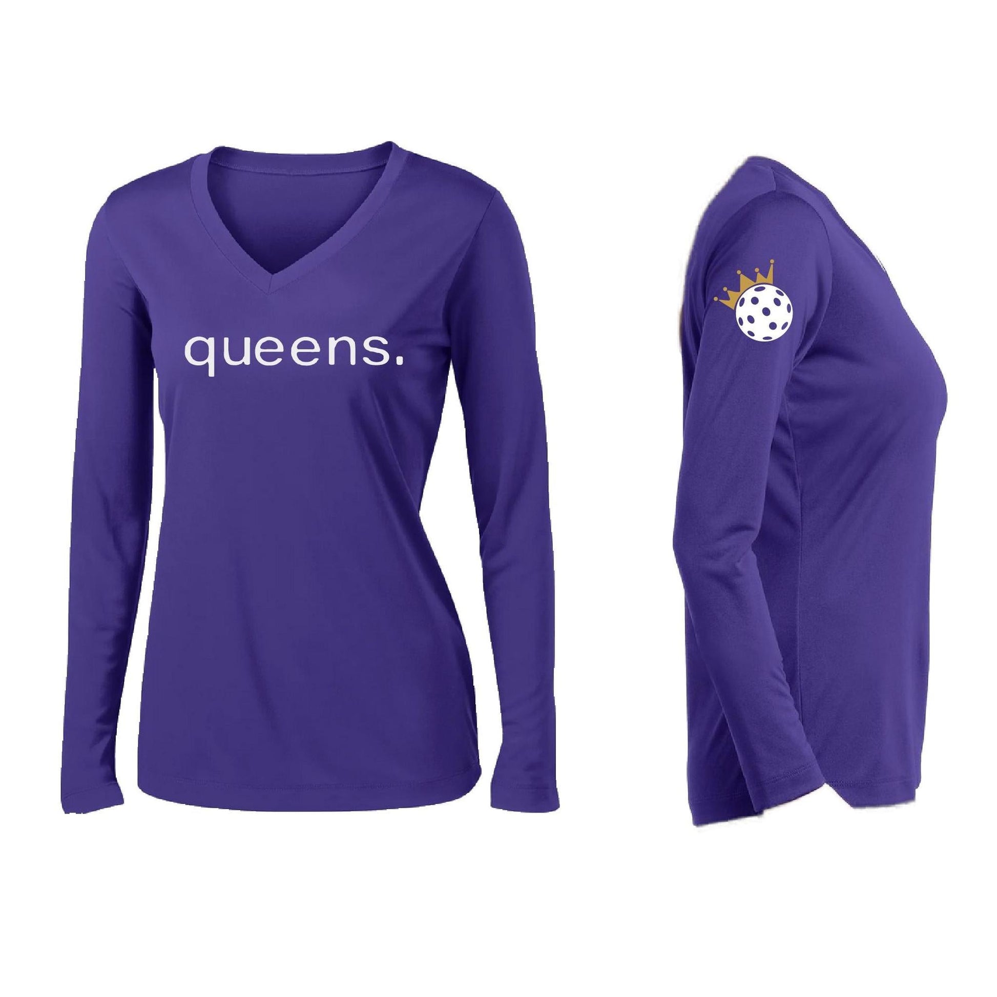 Pickleball Queens and Crown | Women’s Long Sleeve V-Neck Pickleball Performance T-Shirt | 100% Polyester