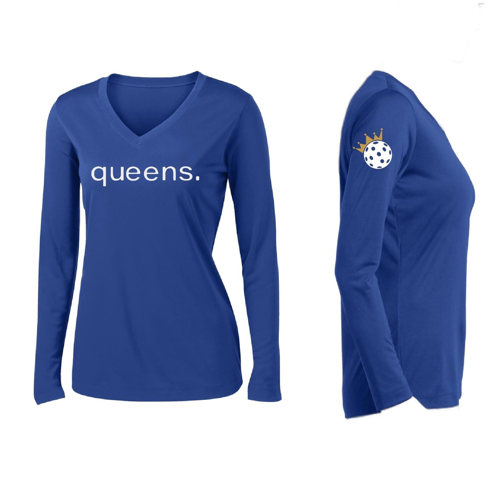 Pickleball Queens and Crown | Women’s Long Sleeve V-Neck Pickleball Performance T-Shirt | 100% Polyester