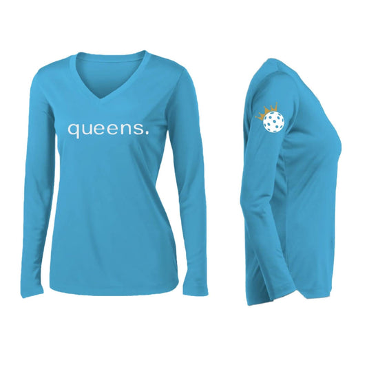 Pickleball Queens and Crown | Women’s Long Sleeve V-Neck Pickleball Performance T-Shirt | 100% Polyester