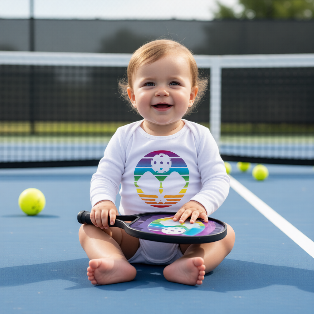 A baby sitting on a blue pickelball court holding a paddle, wearing a white long-sleeve shirt with a colorful rainbow pickleball paddle graphic on the chest.
