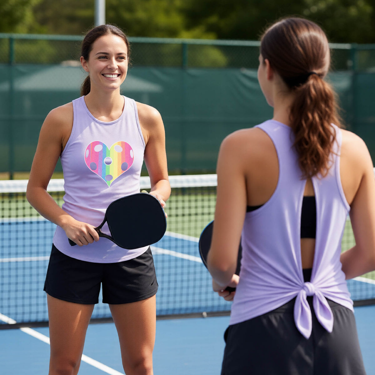 Two women wearing identical pastel purple split-back tie tank tops, on a pickleball court, the front-facing one has a graphic of a brightly rainbow-colored heart designed like a pickleball. The back-facing pickleball player is showcasing the split-back tie tank features. 