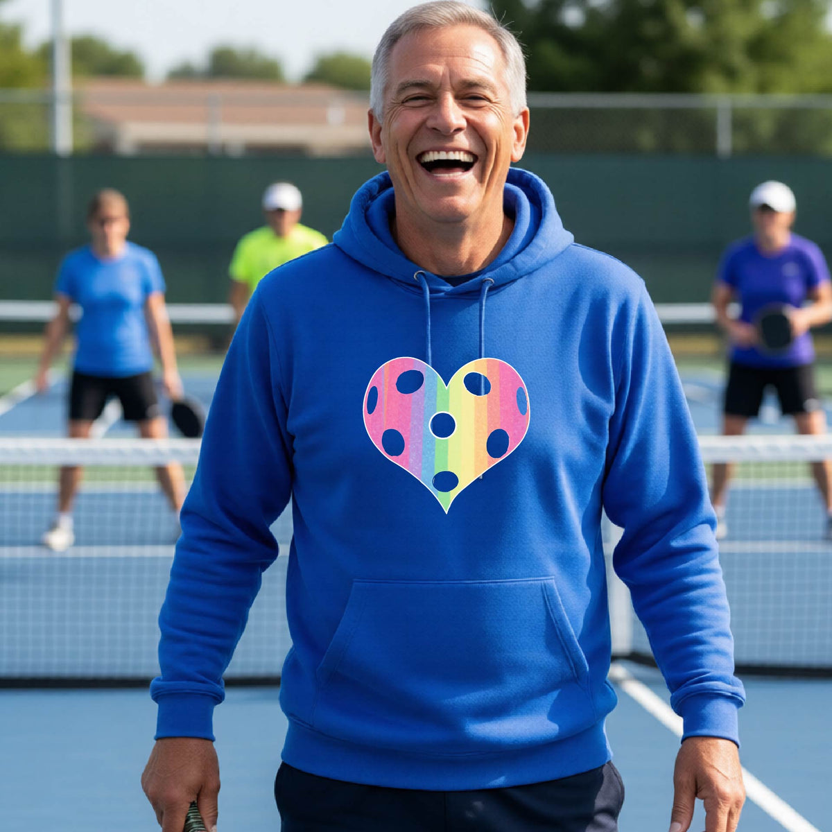 A man laughing on a pickleball court, wearing a royal blue unisex hoodie pullover with a graphic of a brightly rainbow-colored heart designed like a pickleball.