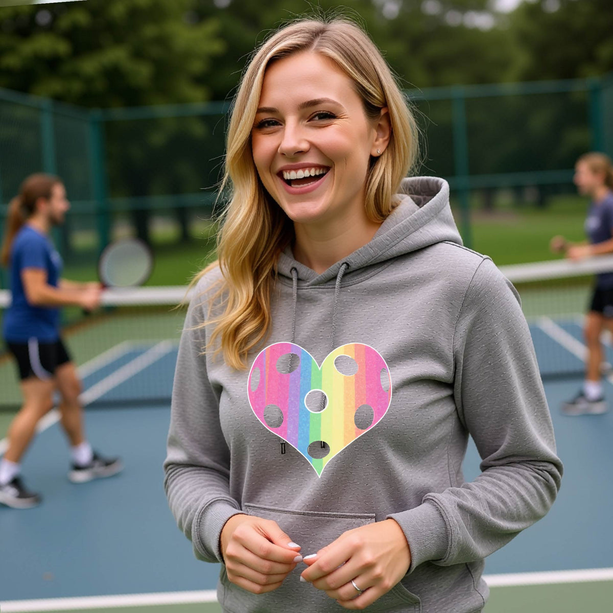 A woman laughing on a pickleball court, wearing a light gray hoodie pullover with a graphic of a brightly rainbow-colored heart designed like a pickleball.