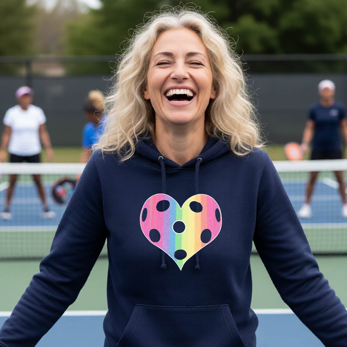 A woman laughing on a pickleball court, wearing a navy blue hoodie pullover with a graphic of a brightly rainbow-colored heart designed like a pickleball.