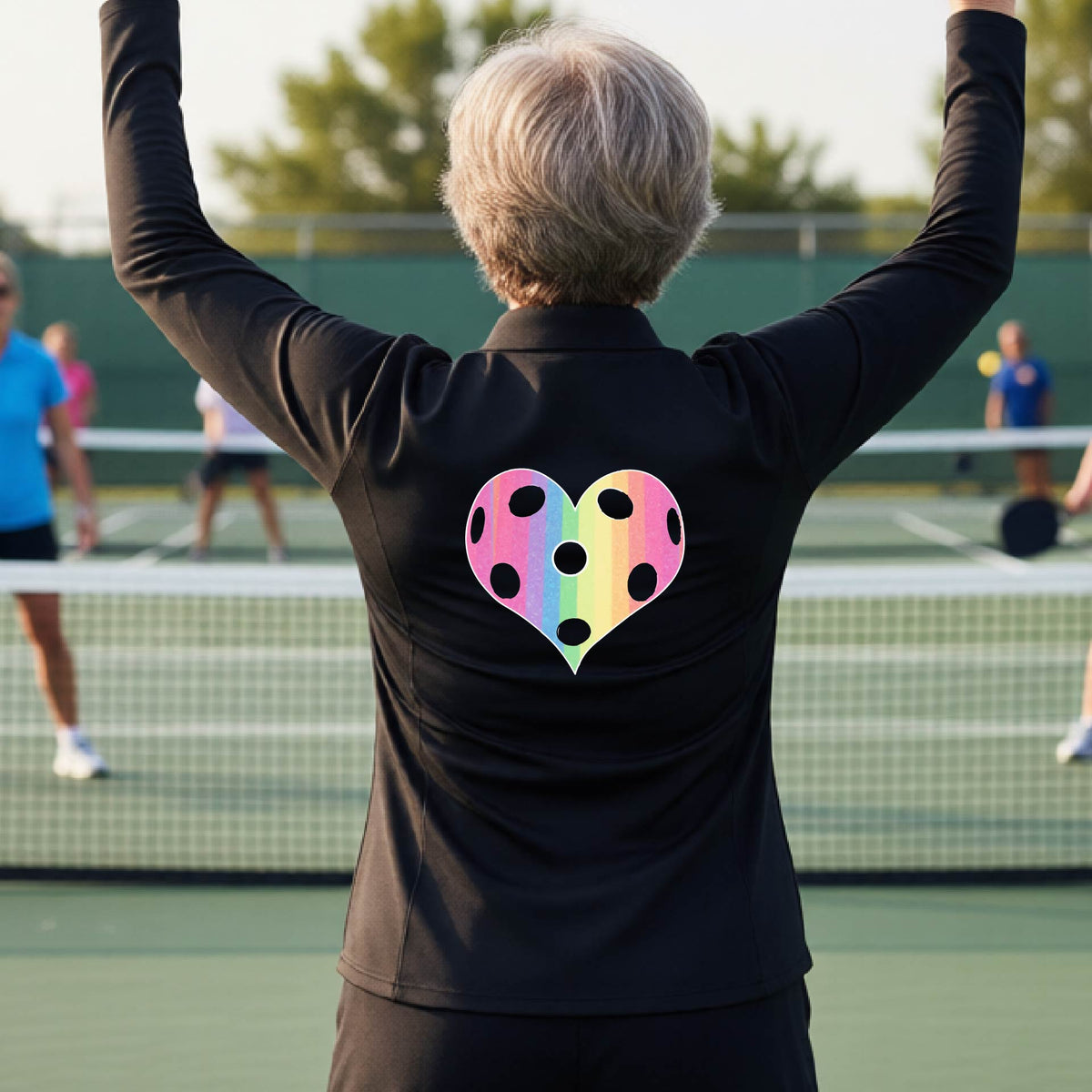 A woman on a pickleball court, facing backwards, wearing a black quarter-zip athletic shirt with a graphic of a brightly rainbow-colored heart designed like a pickleball.