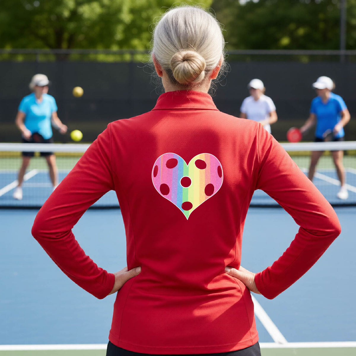 A woman on a pickleball court, facing backwards, wearing a red quarter-zip athletic shirt with a graphic of a brightly rainbow-colored heart designed like a pickleball.