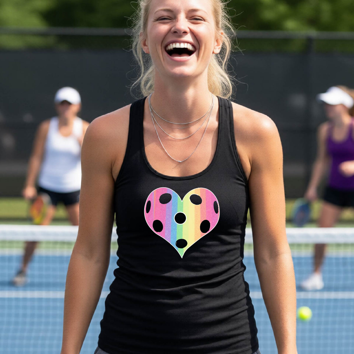 A woman laughing on a pickleball court, wearing a black racerback tank top with a graphic of a brightly rainbow-colored heart designed like a pickleball.