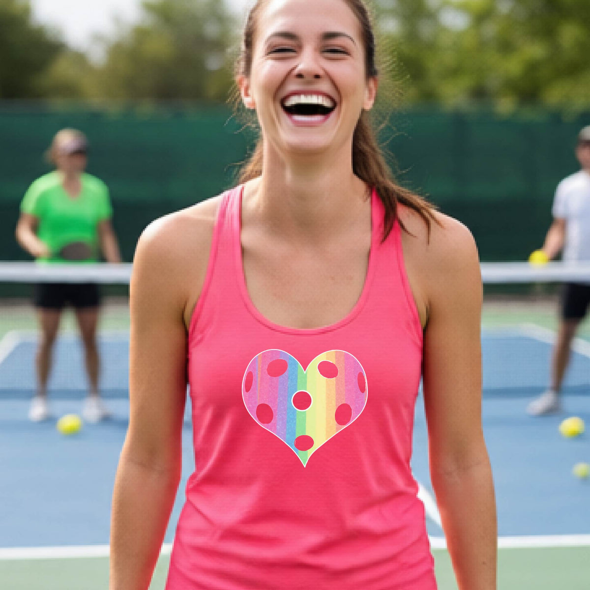 A woman laughing on a pickleball court, wearing a bright coral pink racerback tank top with a graphic of a brightly rainbow-colored heart designed like a pickleball.
