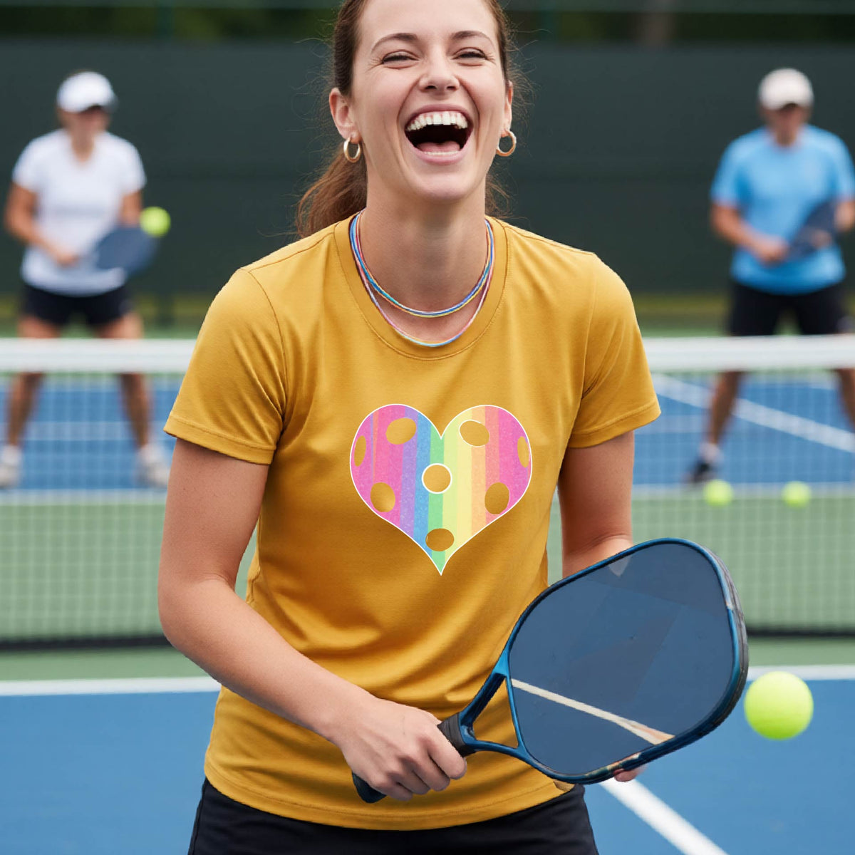 A woman laughing on a pickleball court, wearing a mustard yellow gold t-shirt with a graphic of a brightly rainbow-colored heart designed like a pickleball.