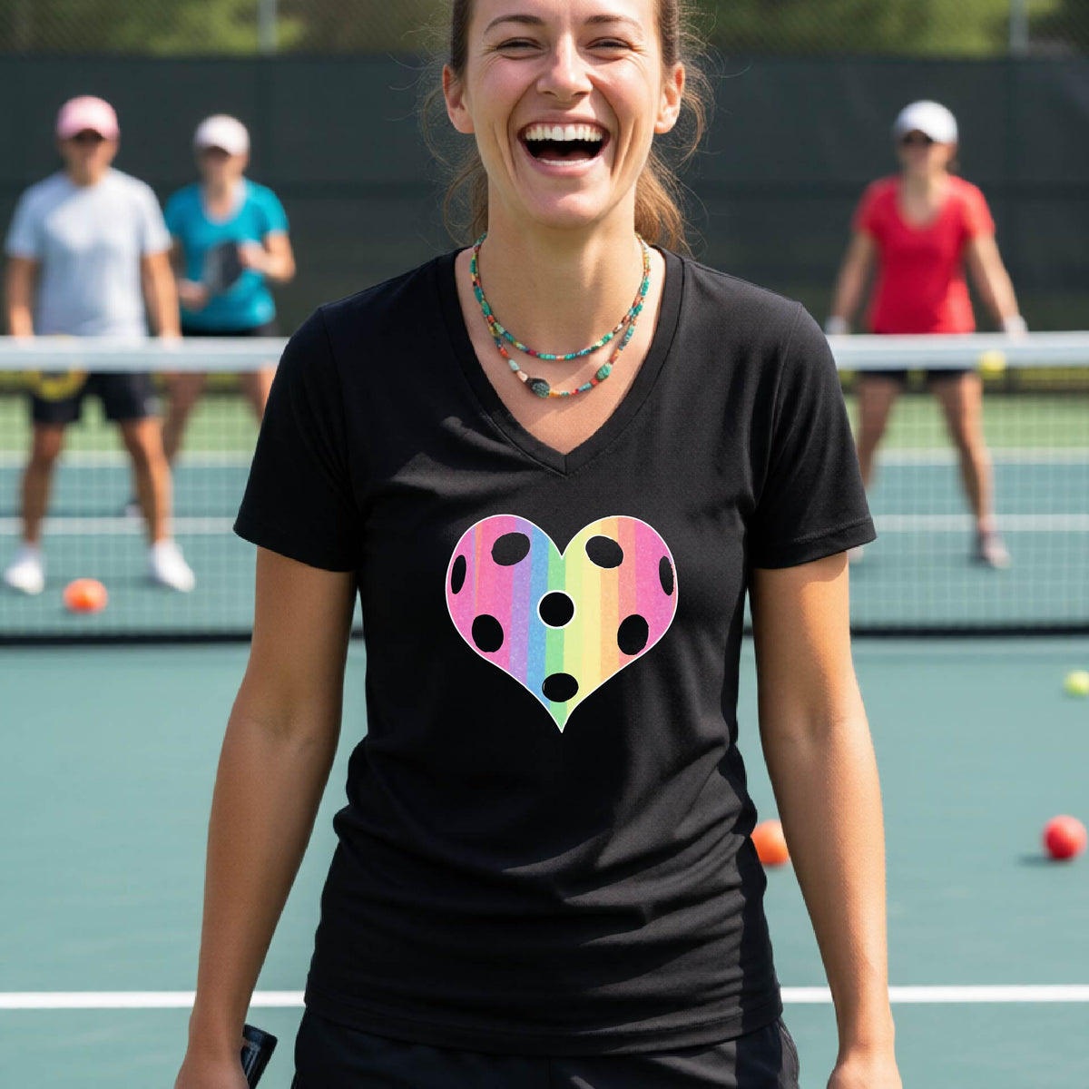 A woman laughing on a pickleball court, wearing a black t-shirt with a graphic of a brightly rainbow-colored heart designed like a pickleball.