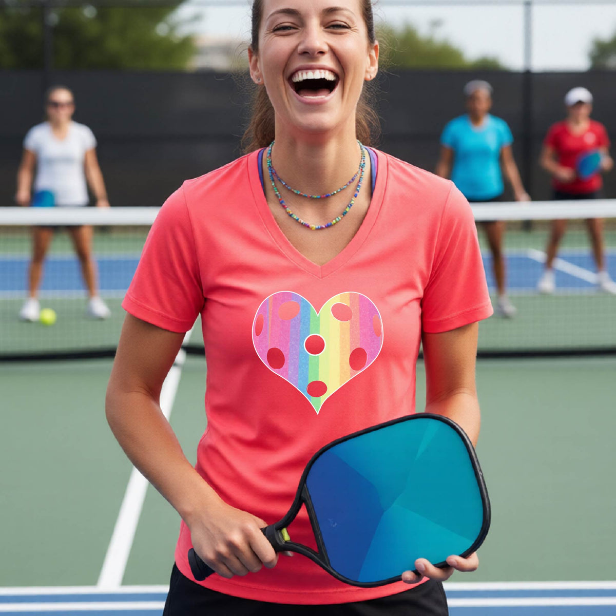A woman laughing on a pickleball court, wearing a bright coral pink t-shirt with a graphic of a brightly rainbow-colored heart designed like a pickleball.