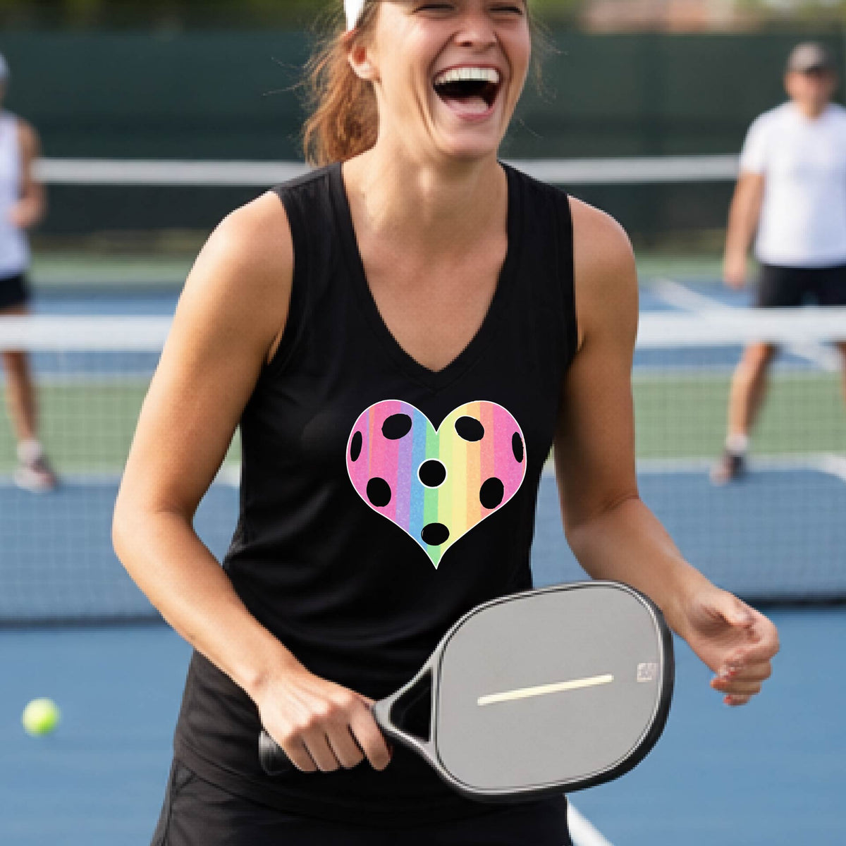 A woman laughing on a pickleball court, wearing a black sleeveless t-shirt with a graphic of a brightly rainbow-colored heart designed like a pickleball.