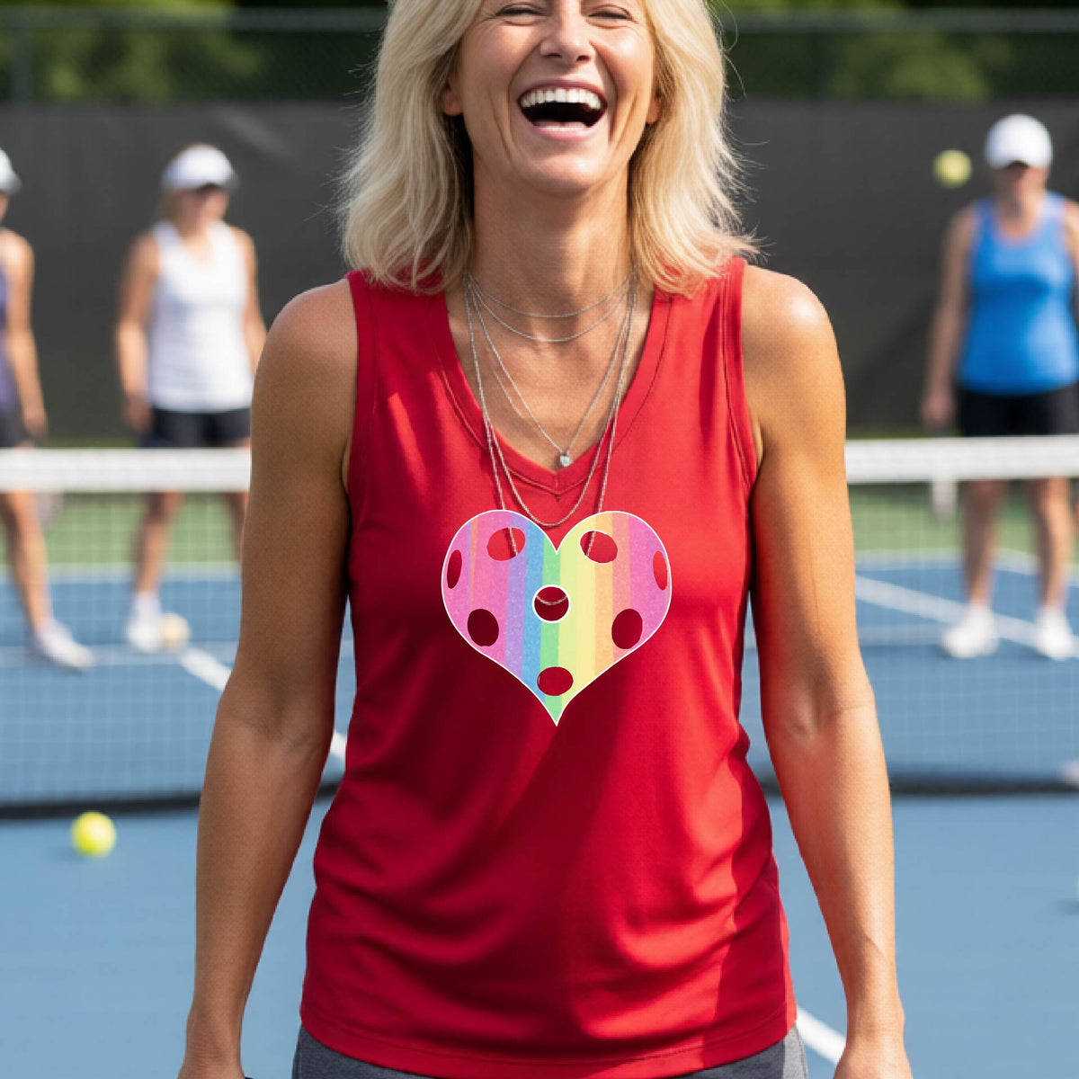 A woman laughing on a pickleball court, wearing a black sleeveless t-shirt with a graphic of a brightly rainbow-colored heart designed like a pickleball.