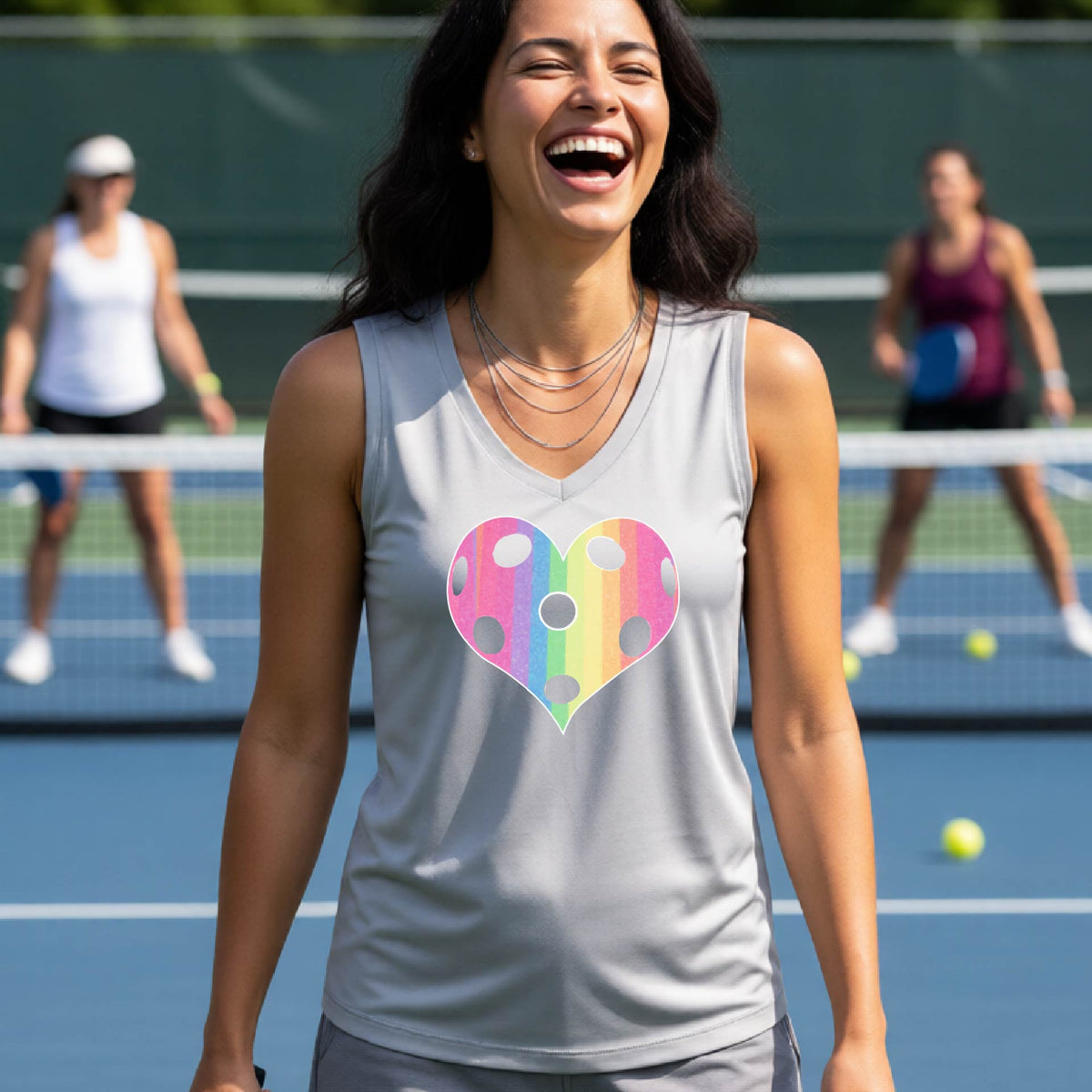A woman laughing on a pickleball court, wearing a silver gray sleeveless t-shirt with a graphic of a brightly rainbow-colored heart designed like a pickleball.