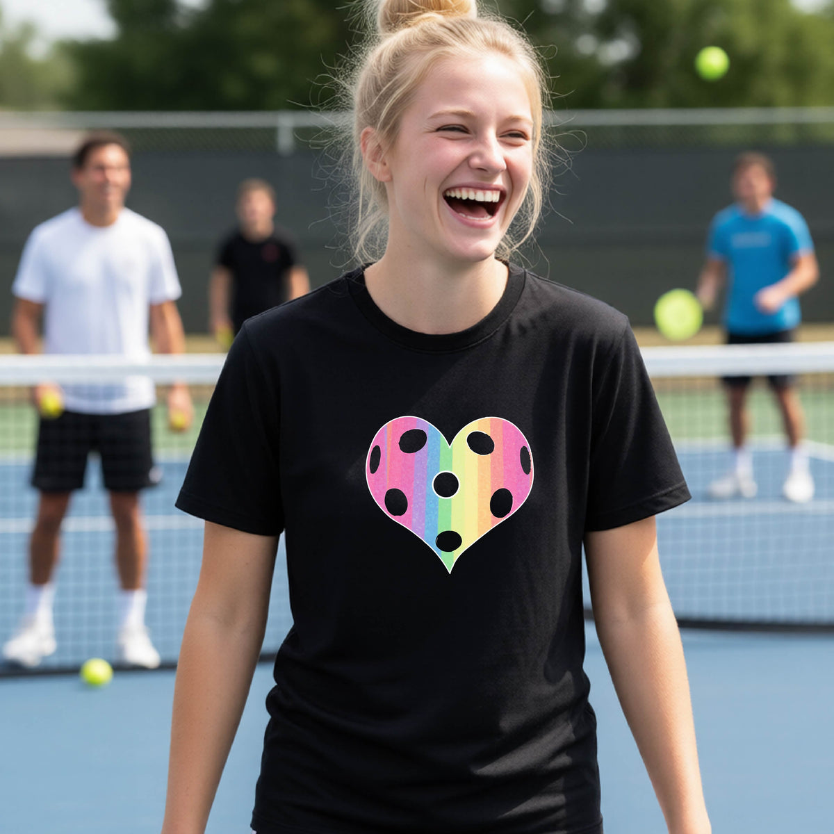 A young girl laughing on a pickleball court, wearing a black t-shirt with a graphic of a brightly rainbow-colored heart designed like a pickleball