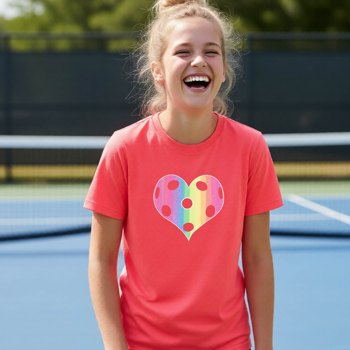 A young girl laughing on a pickleball court, wearing a coral colored t-shirt with a graphic of a brightly rainbow-colored heart designed like a pickleball.