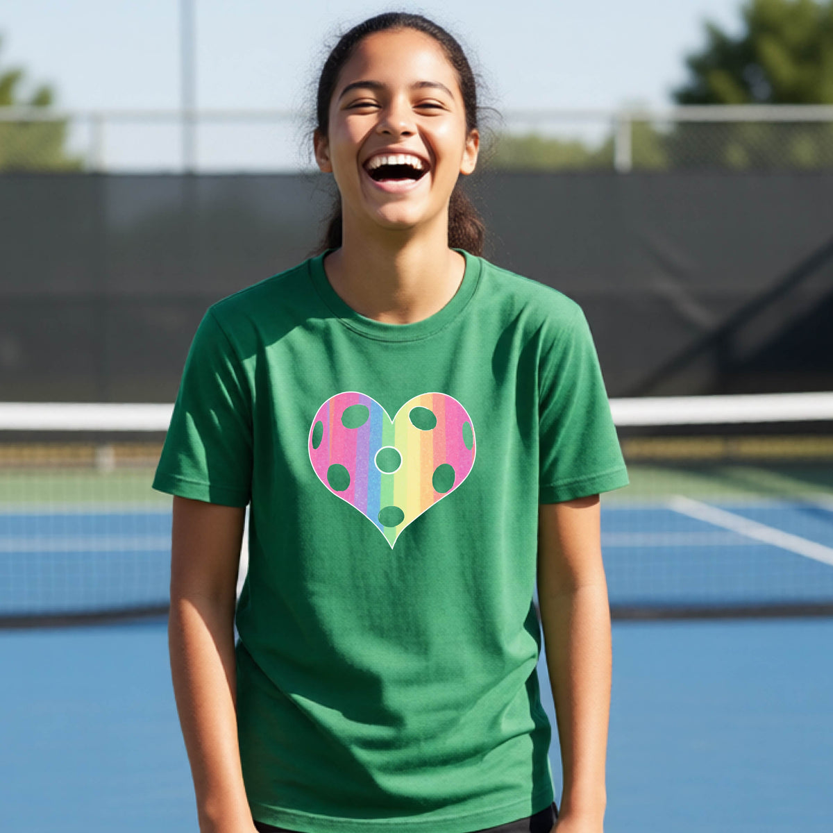 A young girl laughing on a pickleball court, wearing a green t-shirt with a graphic of a brightly rainbow-colored heart designed like a pickleball.