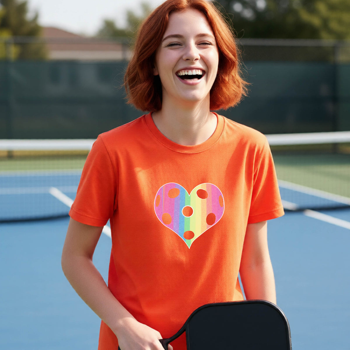 A young girl laughing on a pickleball court, wearing a bright orange  t-shirt with a graphic of a brightly rainbow-colored heart designed like a pickleball.