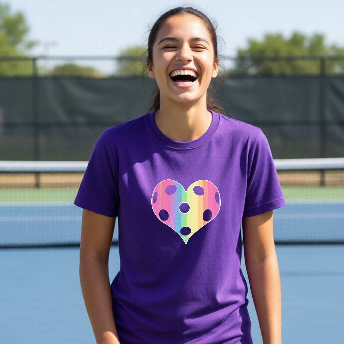 A young girl laughing on a pickleball court, wearing a purple t-shirt with a graphic of a brightly rainbow-colored heart designed like a pickleball.
