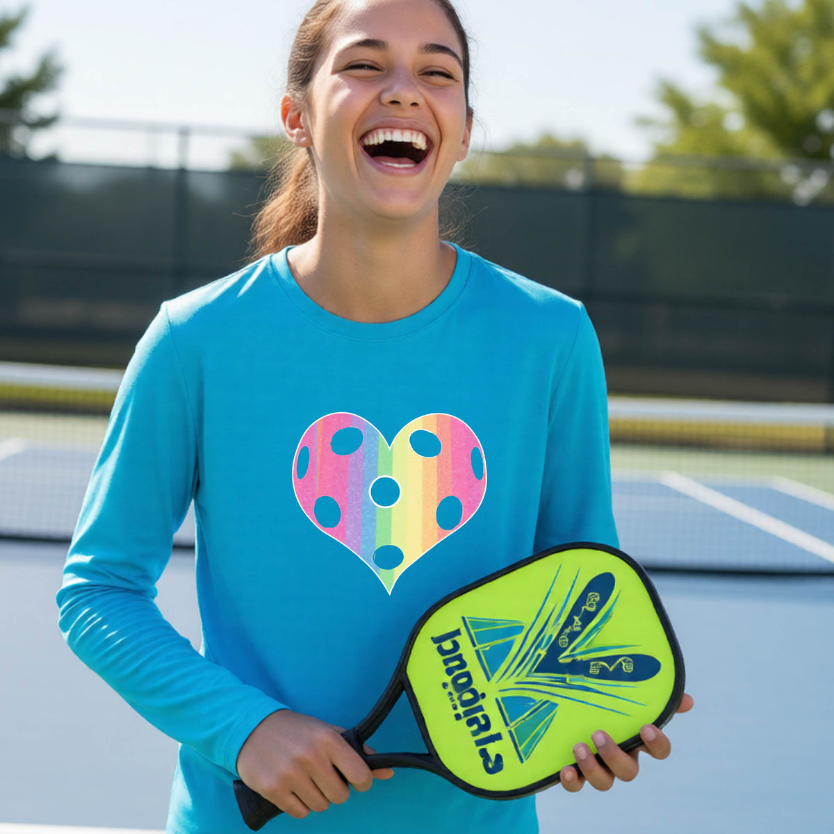 A young girl laughing on a pickleball court, wearing a bright blue t-shirt with a graphic of a brightly rainbow-colored heart designed like a pickleball.