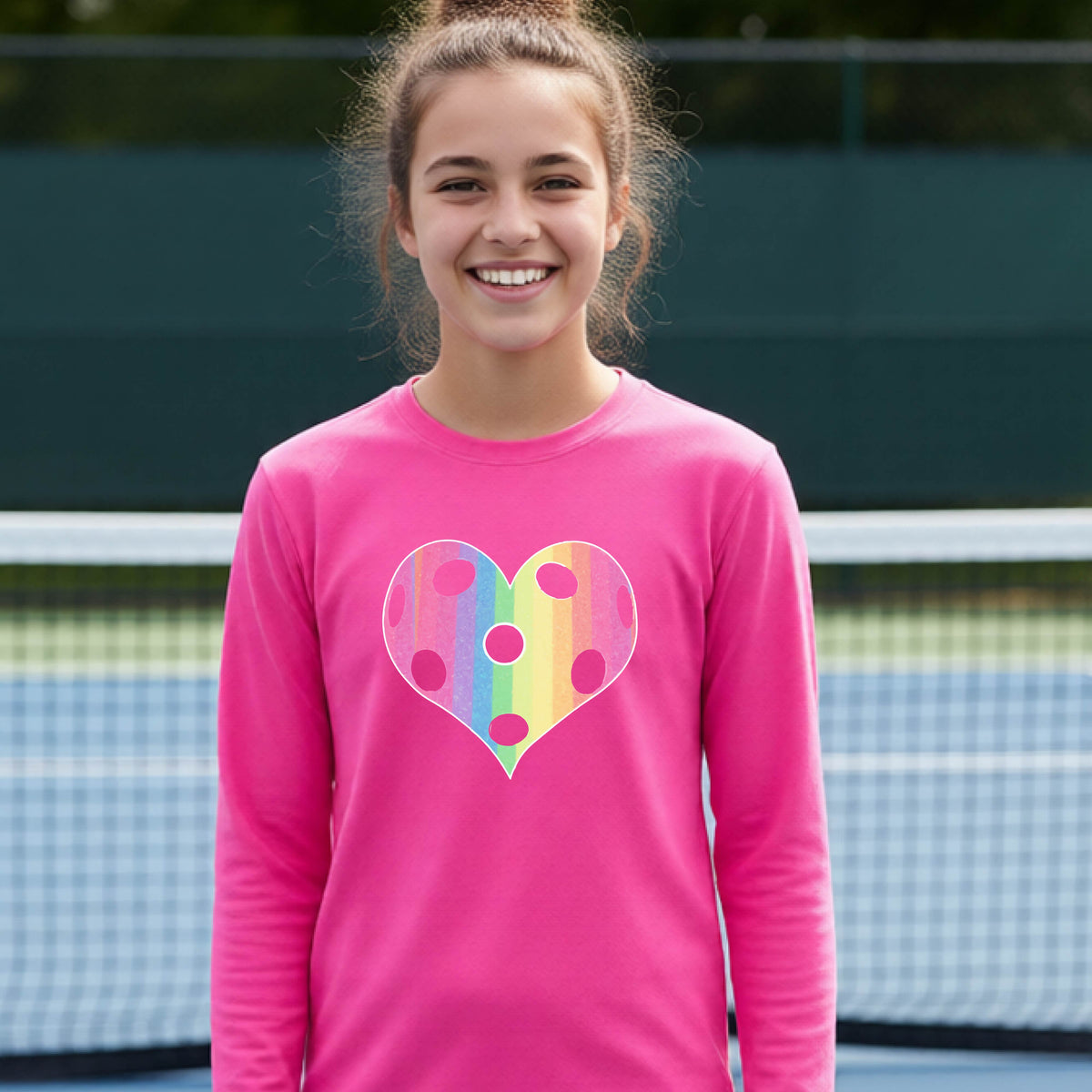 A young girl laughing on a pickleball court, wearing a pink t-shirt with a graphic of a brightly rainbow-colored heart designed like a pickleball.
