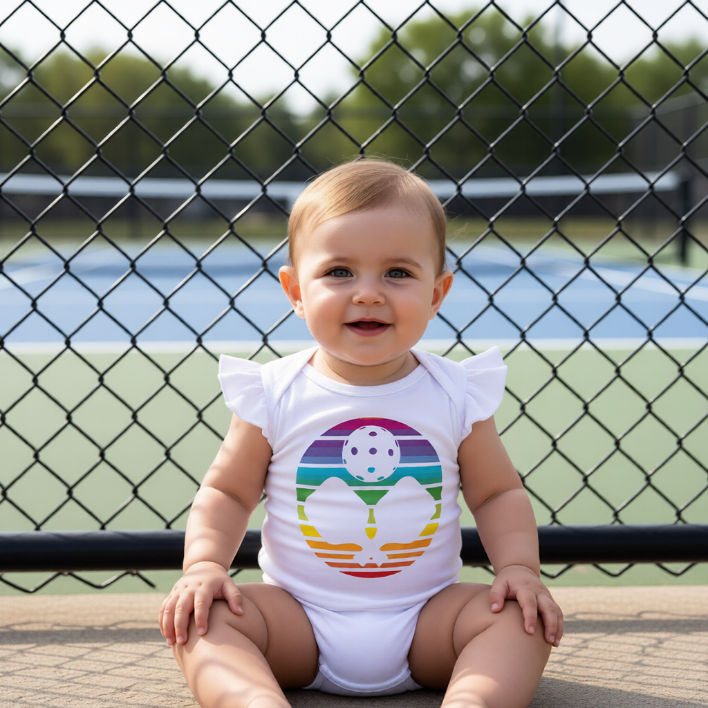 A baby sitting outdoors in front of a chain-link fence and pickleball court, wearing a white ruffle-sleeve bodysuit with a colorful retro rainbow circular pickleball paddle graphic on the chest.