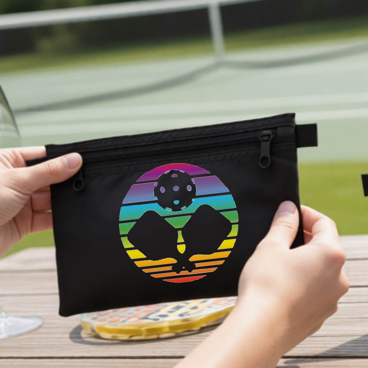 A black zippered pouch with a colorful retro circular graphic with two crossed pickleball paddle and a pickelball , shown on a wooden table with a wine glass and a tennis court in the background. A person's hands are opening the pouch.