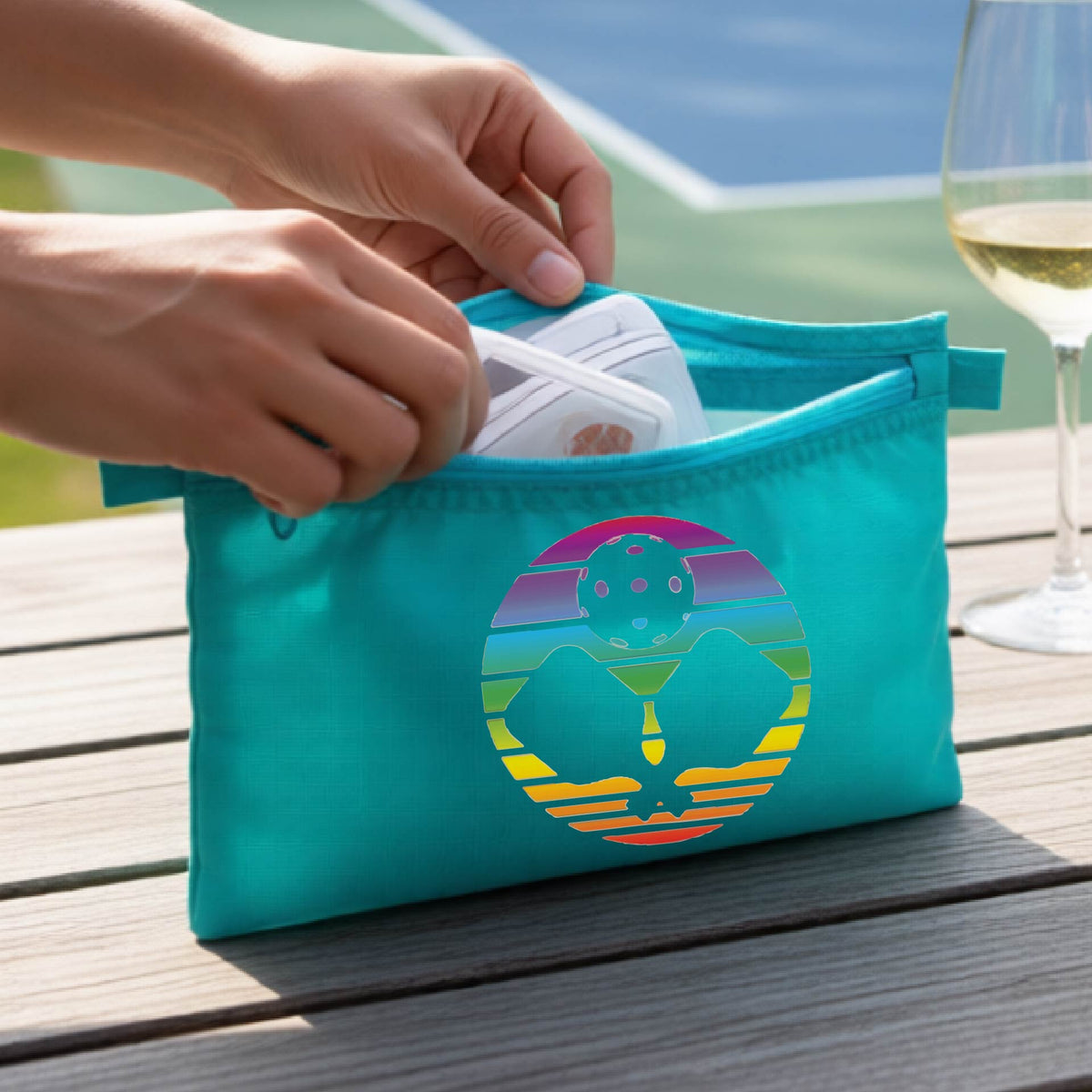 A turquoise zippered pouch with a colorful retro circular graphic with two crossed pickleball paddle and a pickelball , shown on a wooden table with a wine glass and a tennis court in the background. A person's hands are opening the pouch.