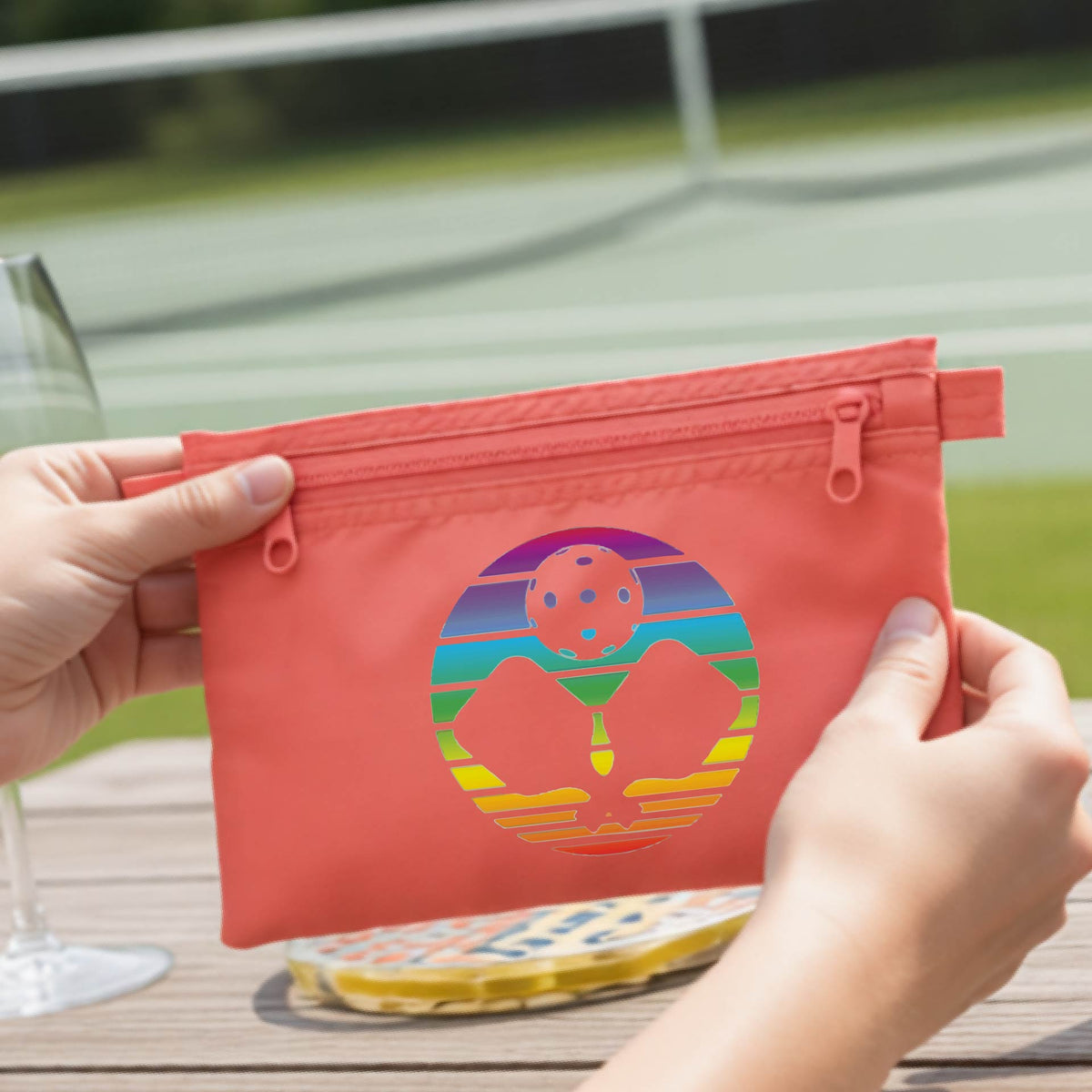 A coral colored zippered pouch with a colorful retro circular graphic with two crossed pickleball paddle and a pickelball , shown on a wooden table with a wine glass and a tennis court in the background. A person's hands are opening the pouch.