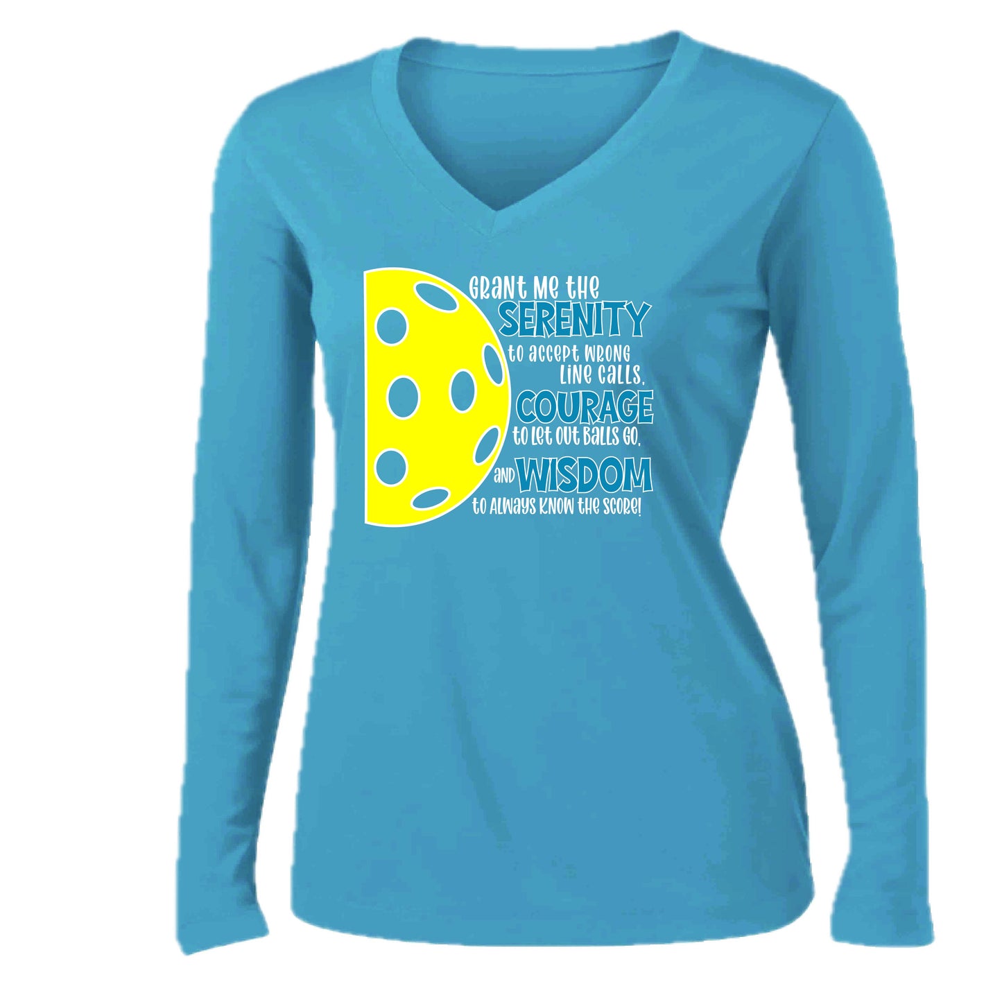 Pickleball Serenity Prayer | Women’s Long Sleeve V-Neck Pickleball Performance T-Shirt | 100% Polyester