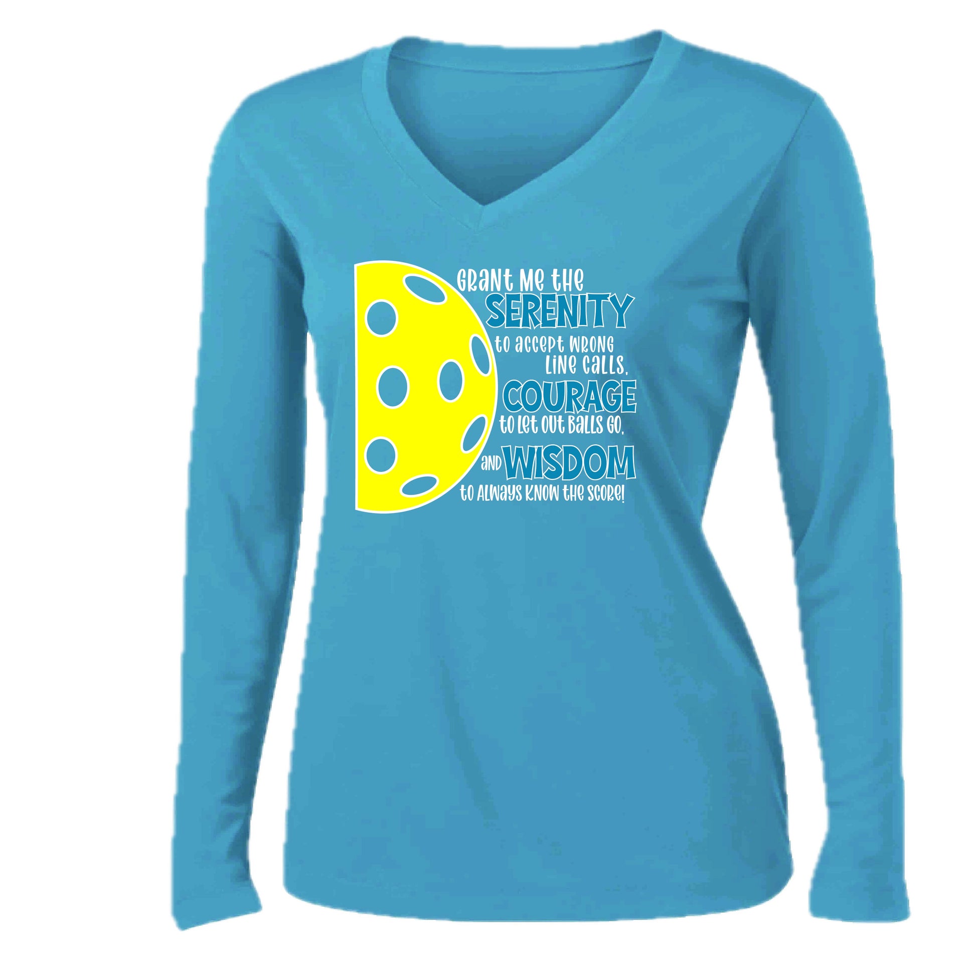 Pickleball Serenity Prayer | Women’s Long Sleeve V-Neck Pickleball Performance T-Shirt | 100% Polyester