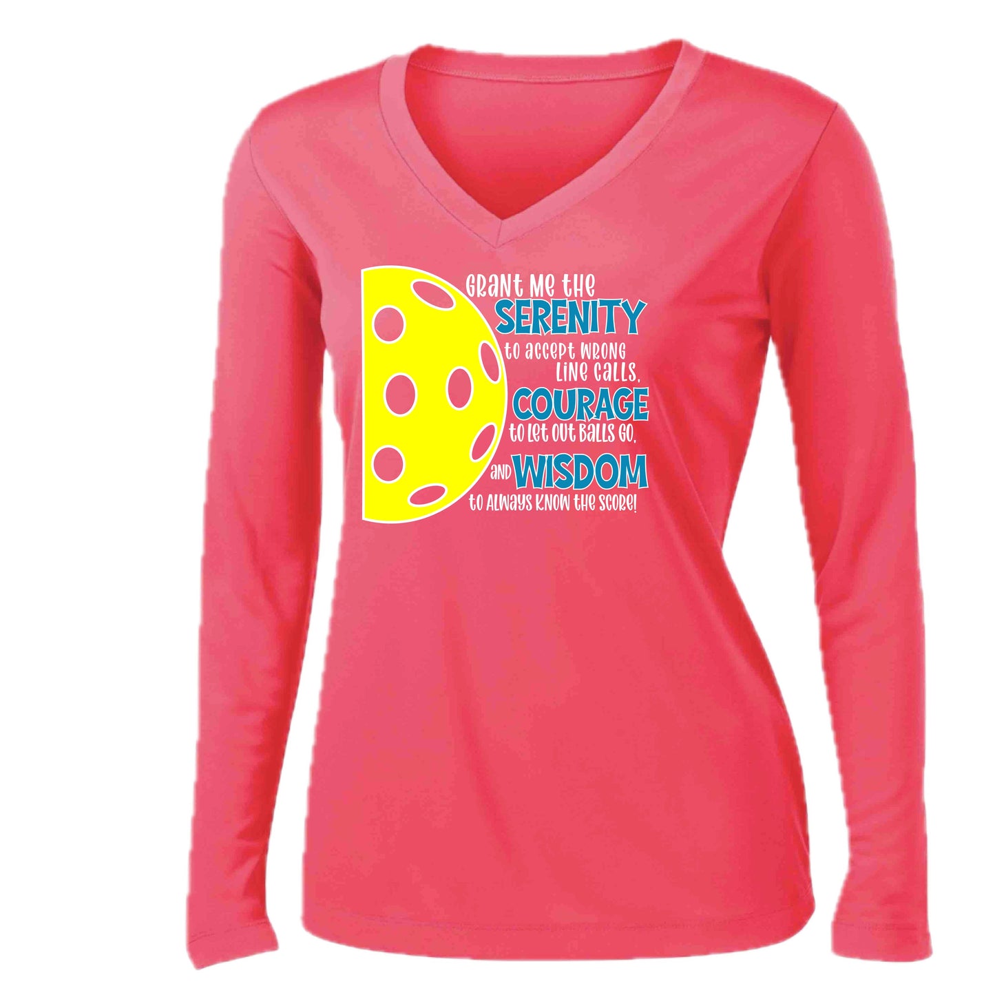 Pickleball Serenity Prayer | Women’s Long Sleeve V-Neck Pickleball Performance T-Shirt | 100% Polyester