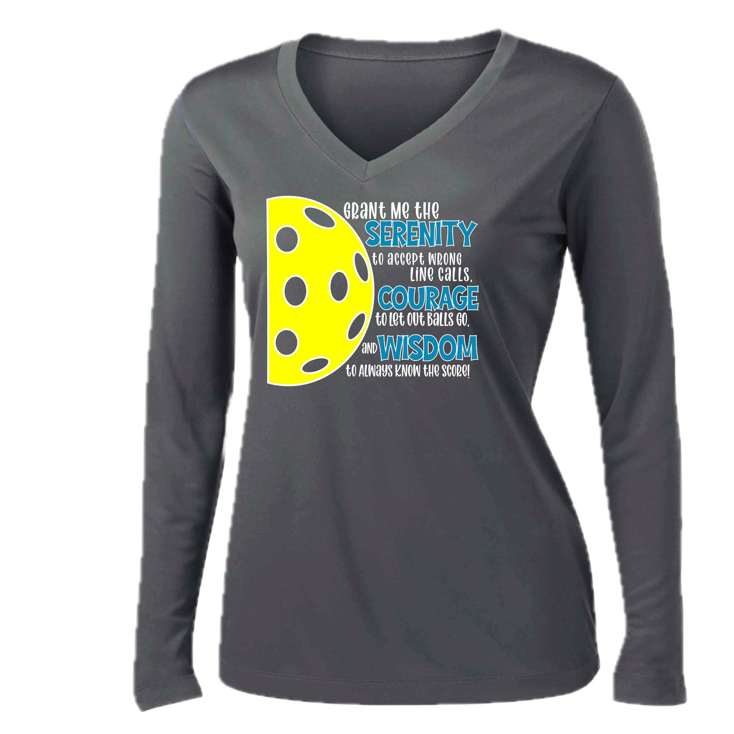 Pickleball Serenity Prayer | Women’s Long Sleeve V-Neck Pickleball Performance T-Shirt | 100% Polyester